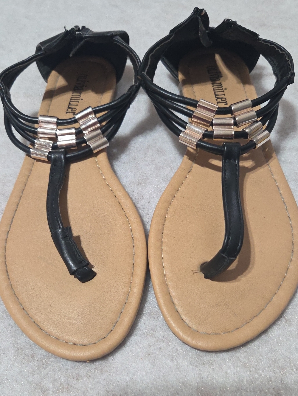 Olivia Miller Black and Tan T-Strap Beaded Sandals